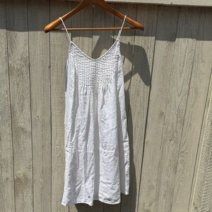 Boden 2 XS White Linen Lined Spaghetti Strap Dress Sundress Pintuck Ruffle Hem
